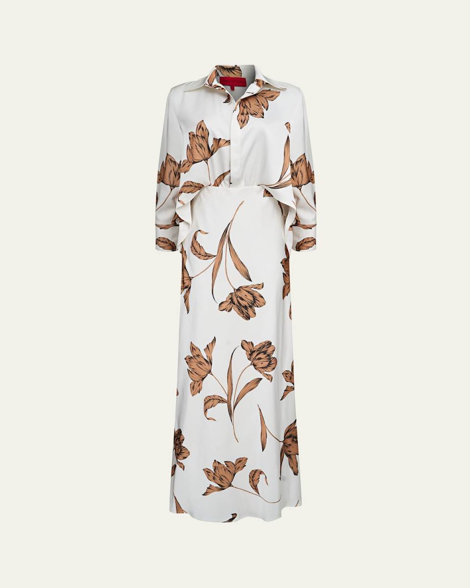 Marcelle Floral-Print Satin Shirt Gown